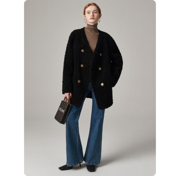Collarless Mid-Length Textured Teddy Coat - Picture 1 of 5